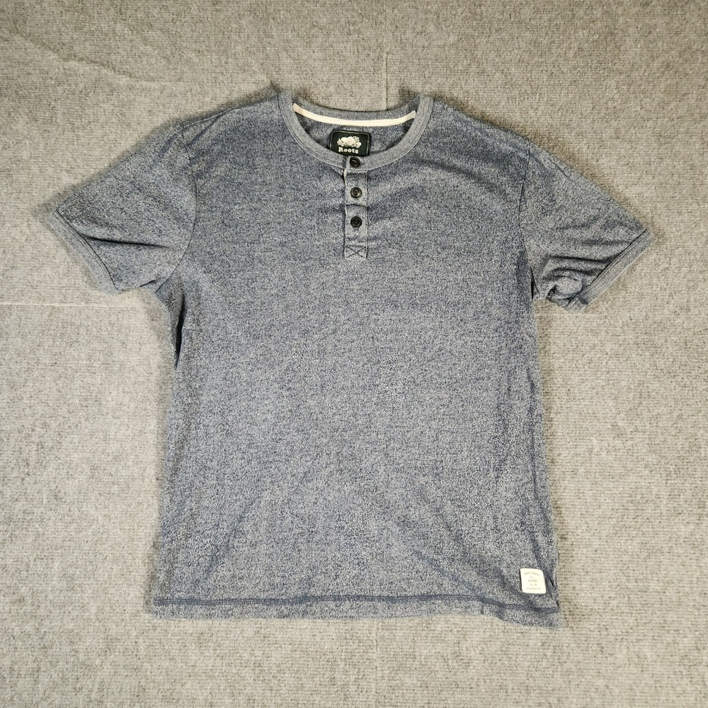 Roots Henley Mens Large Blue Marl Short Sleeve Button Neck